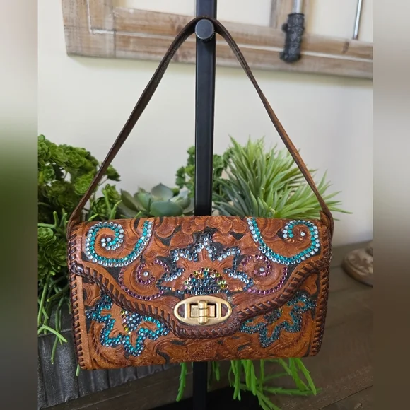 Rare Roth And Madge Handtooled Leather Swarovski Crystal Bag- Collectable OOAK - Picture 8 of 15